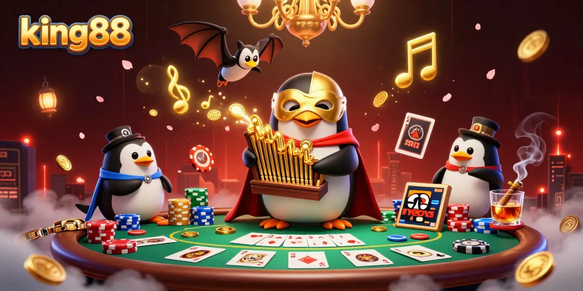 The king88 platform features a whimsical scene where a phantom opera penguin plays a pipe organ shooting coins, embodying the excitement of online gambling.