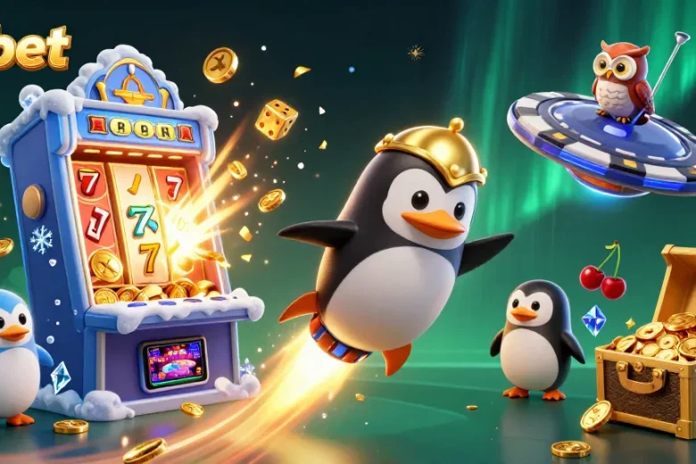 Experience the thrill of 8xbet with a vibrant 3D illustration of a golden penguin in space!