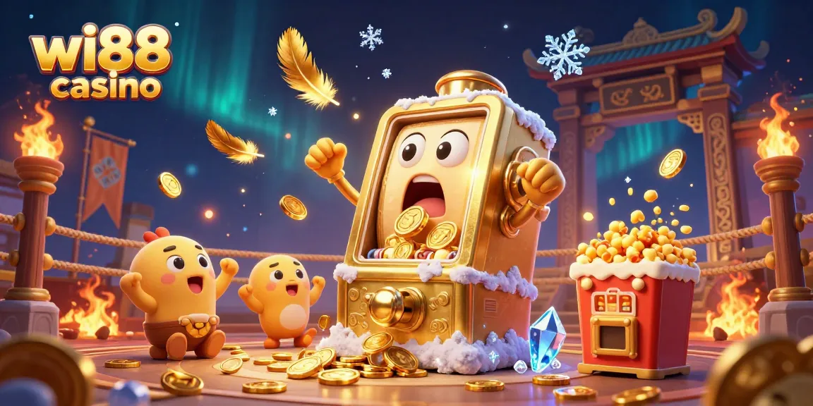 Engage with the vibrant world of wi88 casino as golden slot machines celebrate a jackpot win, framed by dynamic gaming elements.