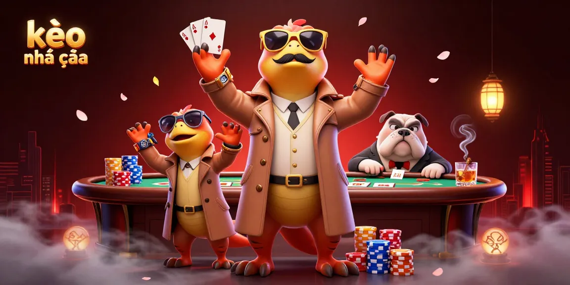 Experience kèo nhà cái with a humorous 3D scene of raptors in a trench coat trying to enter a VIP casino.