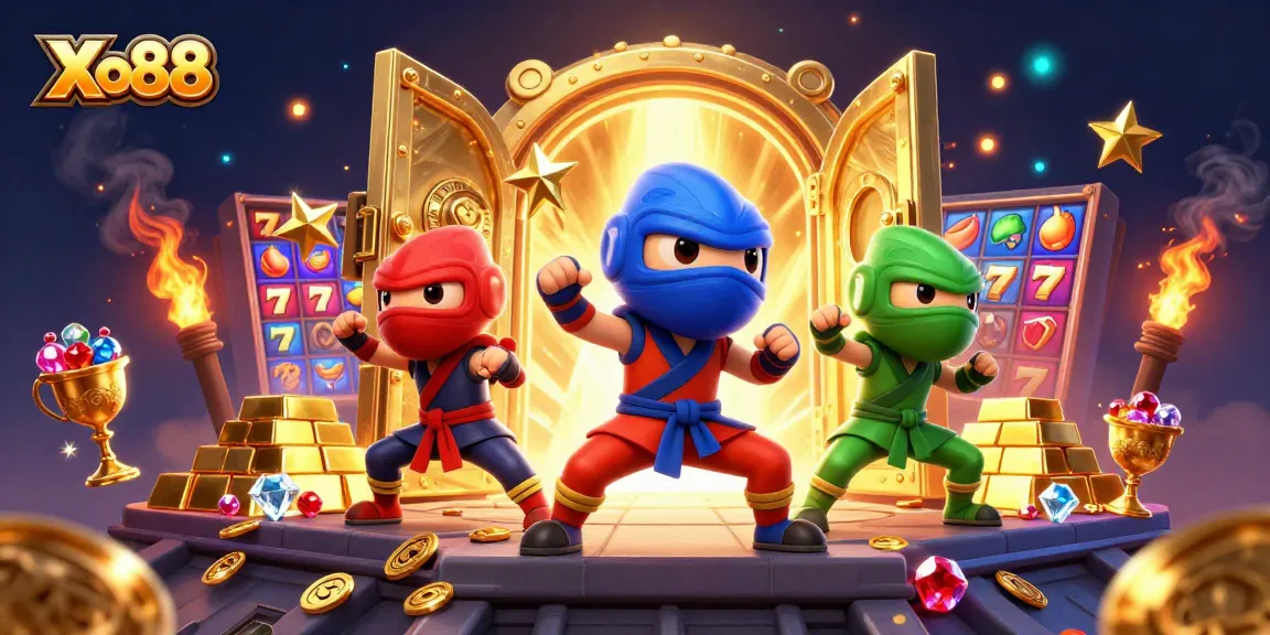 Experience excitement and treasures with Xo88's vibrant casino-themed illustration featuring a ninja chameleon team.