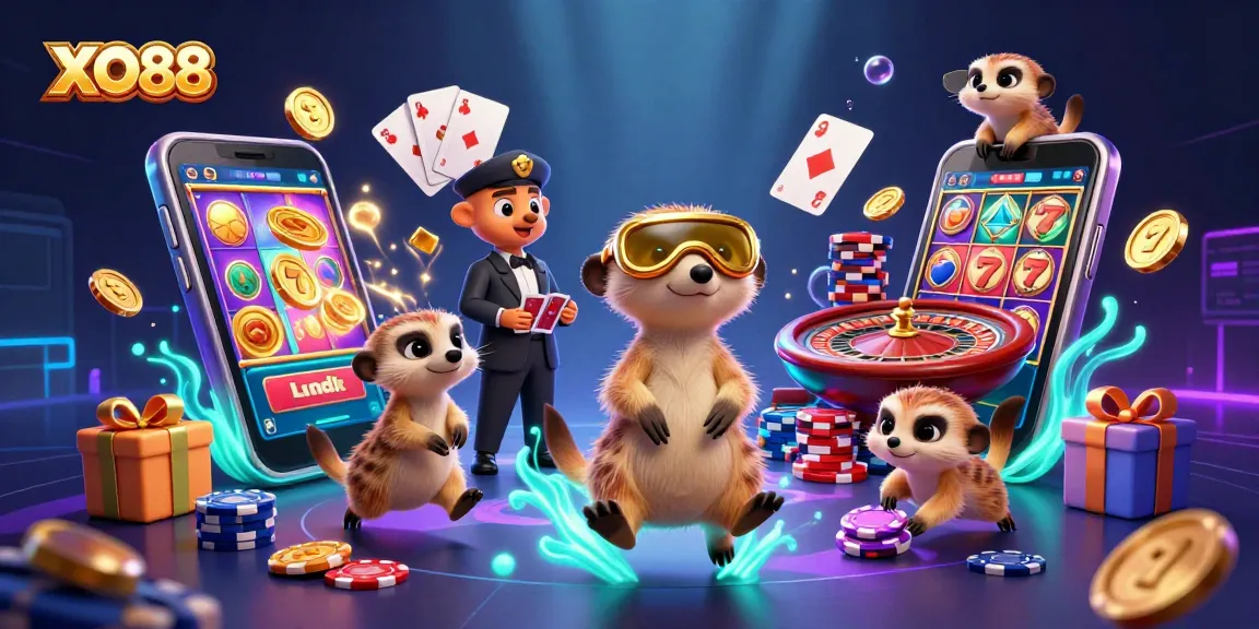 Experience thrilling casino excitement at XO88 with meerkat characters engaging in vibrant gaming activities.