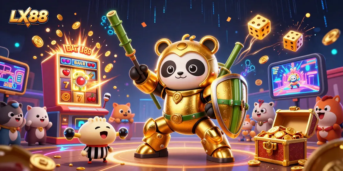 Experience thrilling gameplay with LX88's vibrant casino scene featuring golden panda battling in a dynamic arena.