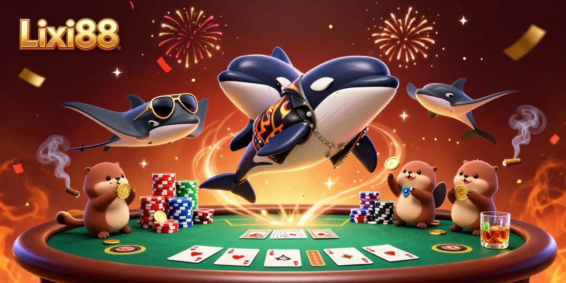 Lixi88 showcases a dynamic 3D casino scene with vibrant animations, poker elements, and sea creature characters.