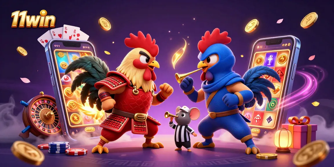 Experience the excitement of 11win with cartoon roosters competing in a casino showdown.