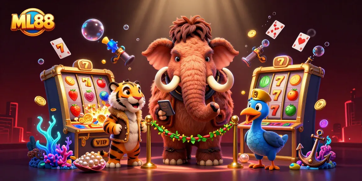 Experience the thrill of ML88 at an exciting casino with vibrant slot reels and vivid characters.