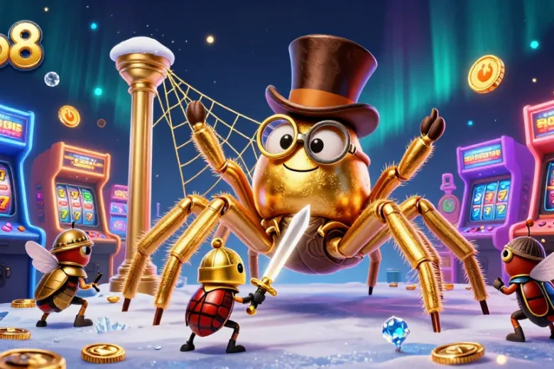 Experience captivating gaming with the giant golden tarantula at alo8, amidst vibrant slot machines.