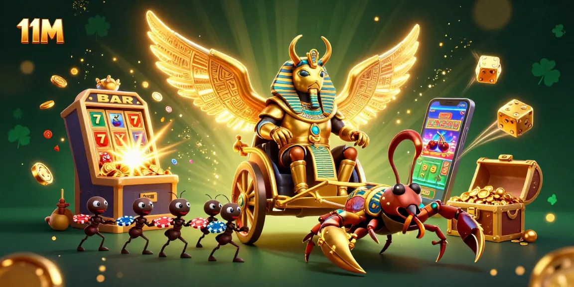 Engage with the lively 11M casino scene featuring a golden scarab beetle and thrilling jackpot elements.