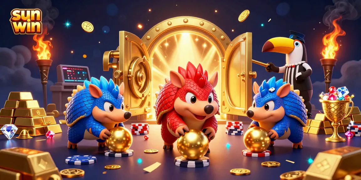 Engage with sun win as rival pangolins navigate a vibrant casino landscape filled with gold, jewels, and excitement.