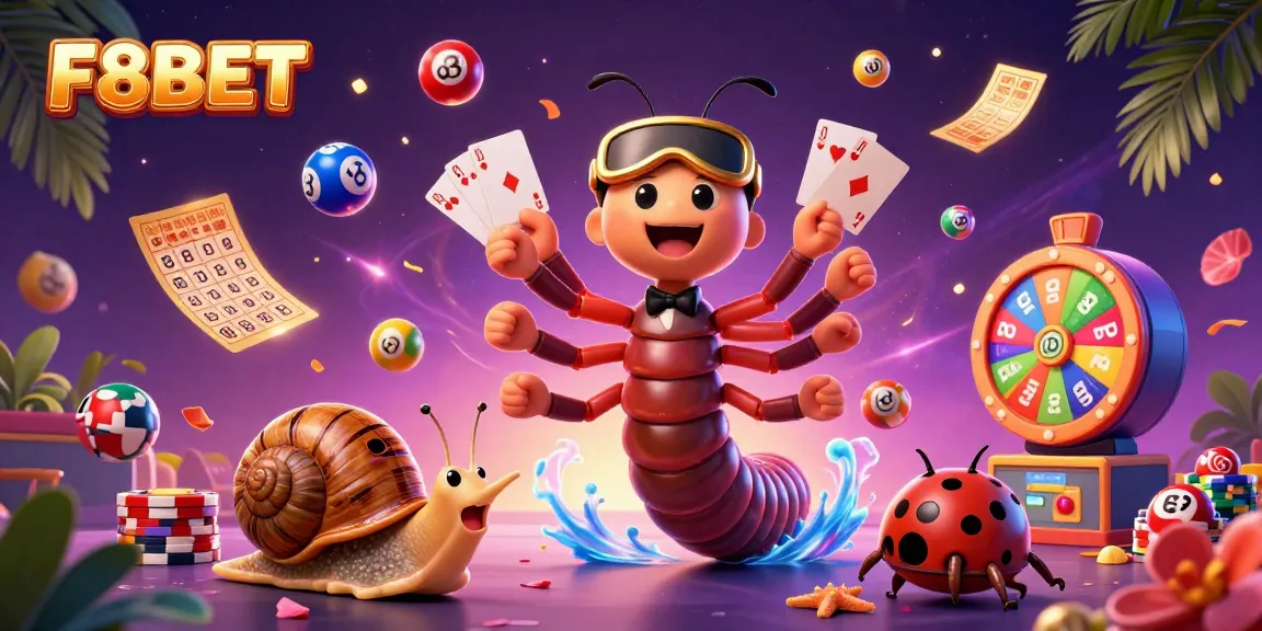 Engage with F8BET's vibrant gaming world through a lively 3D illustration showcasing exciting casino elements.