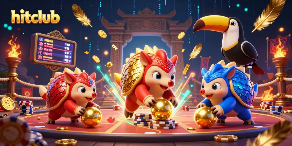 Hitclub pangolins roll into golden balls and poker chips in a vibrant online casino scene