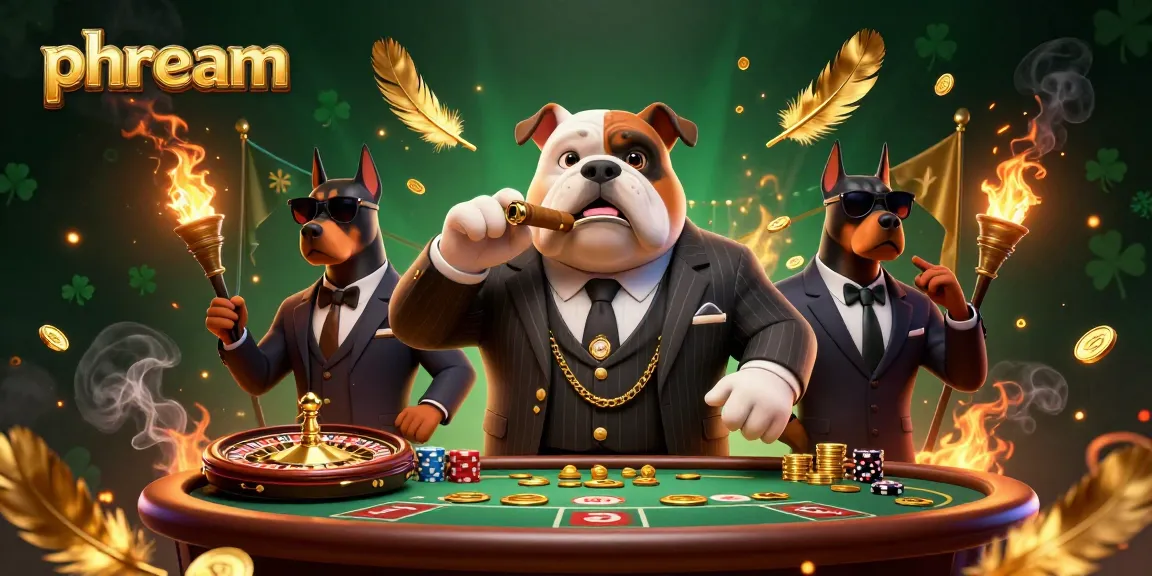 Engage with phdream's vibrant casino scene featuring a mafia bulldog and Doberman bodyguards amid immersive gaming elements.