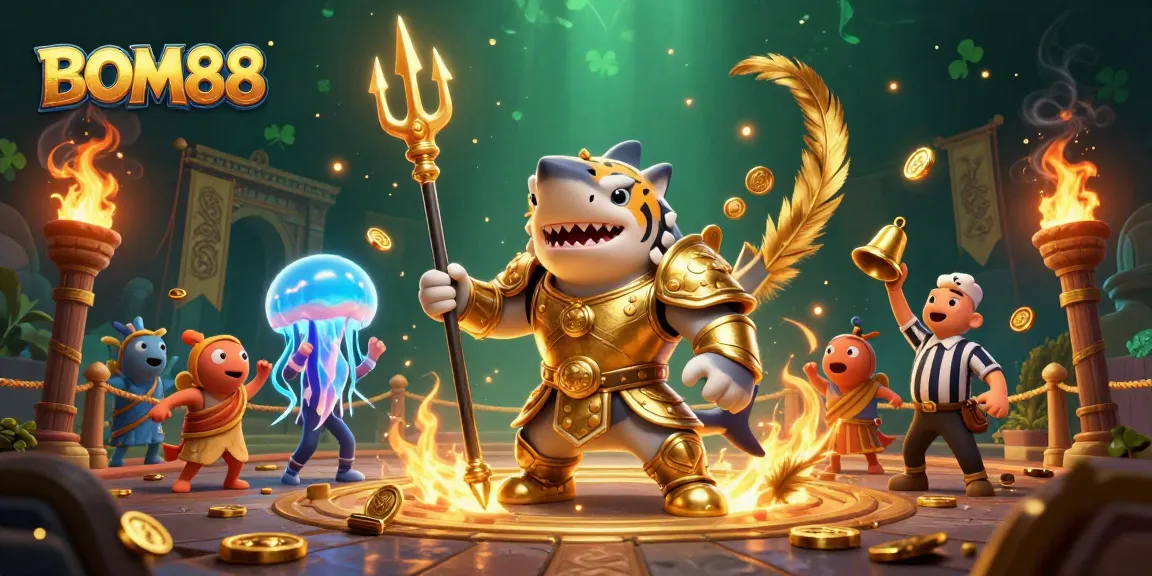 BOM88 showcases an underwater colosseum battle scene, featuring a shark gladiator and a jellyfish referee.