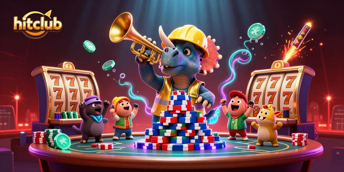 Hitclub celebrates casino wins with dynamic poker-themed 3D illustration featuring lively characters.