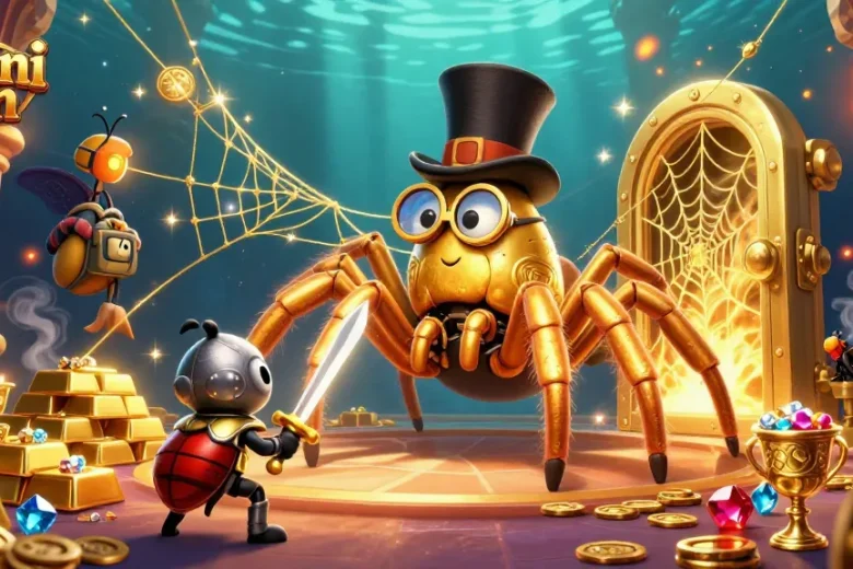 Dhani win showcases a vibrant 3D casino scene with a golden tarantula, beetle knight, and plenty of treasure.