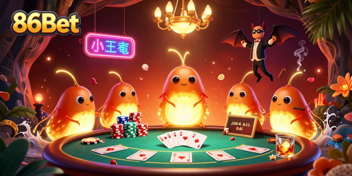 Engage with 86Bet while exploring a vibrant casino scene illuminated by glowworms and a bat dealer.