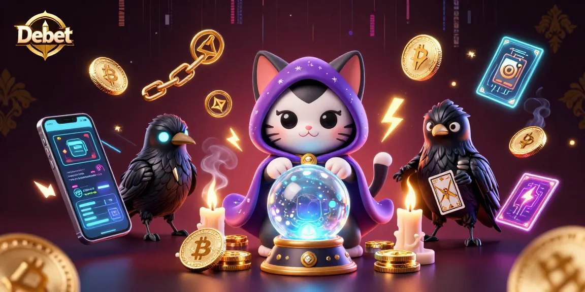 Engage with Debet's rich casino experience featuring glowing coins, mystical characters, and vibrant energy.