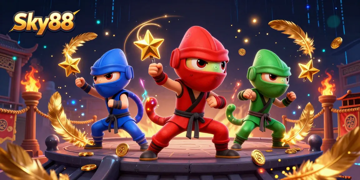 Sky88 chameleon ninjas showcase epic betting moves in a vibrant casino-themed battle scene.