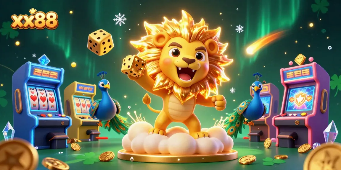 Enjoy exciting gaming experiences at xx88 while seeing vibrant slot machines and a majestic lion.