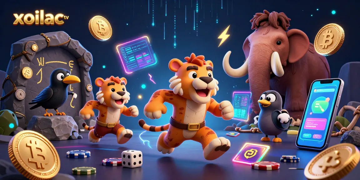 Xoilac TV brings thrilling casino action with animated caveman duo and neon crypto elements.