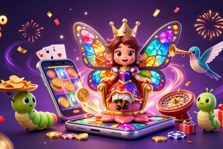 Experience seamless gameplay with hello 88 as the butterfly queen presides over a vibrant casino scene.