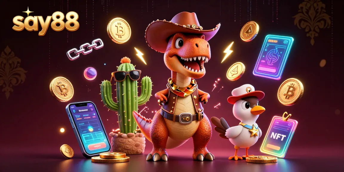 Experience excitement at say88 casino with a thrilling 3D cartoon scene filled with gaming elements.