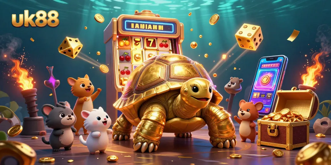 Experience excitement with uk88 as golden tortoises play in an enchanting casino scene full of jackpots.