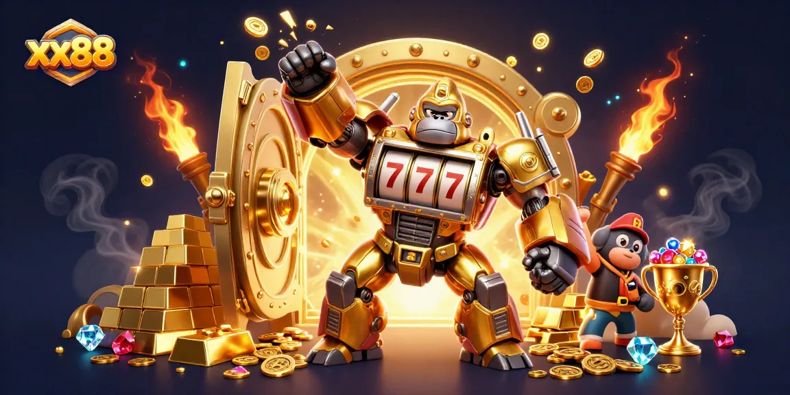Experience winning thrills at xx88 with this dynamic 3D casino illustration filled with gold and excitement.