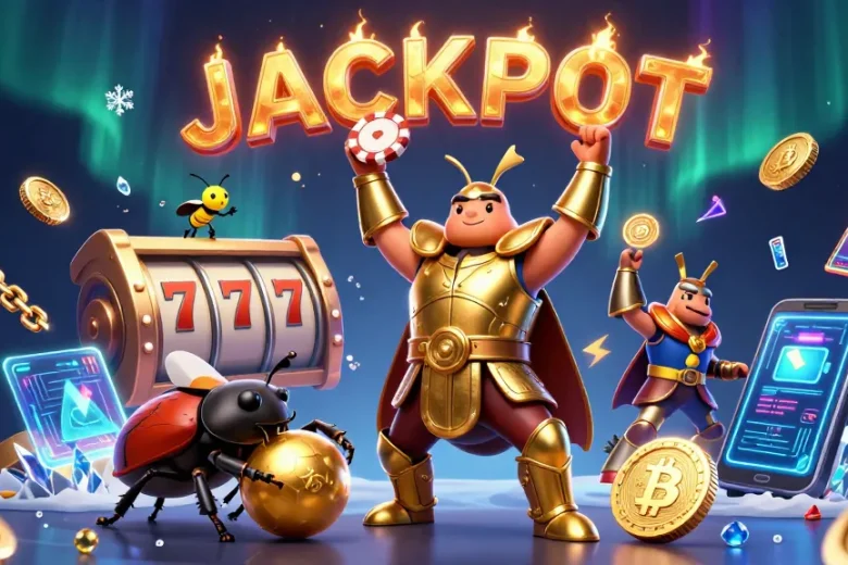 Win big at TR88 with vibrant 3D beetle characters and glowing slot elements surrounding them.