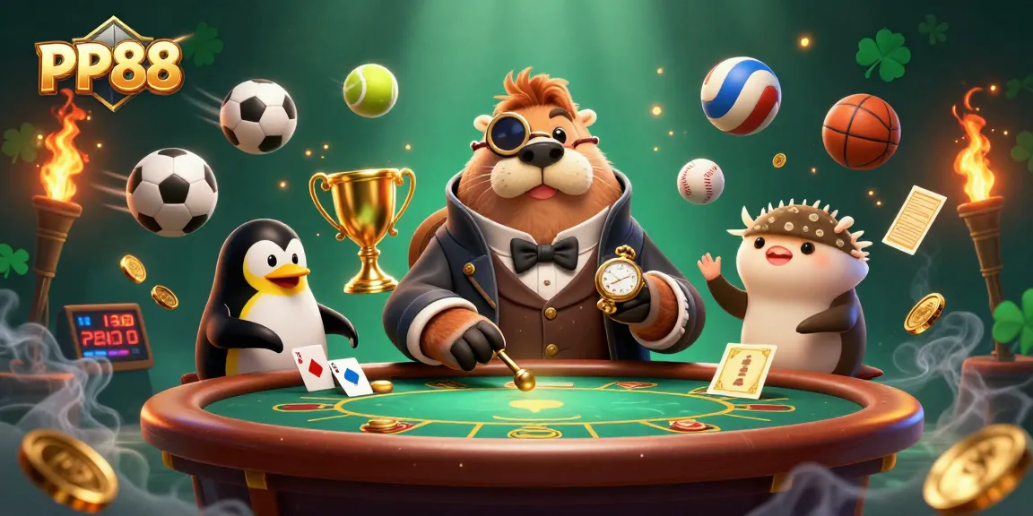 Experience the exciting gambling action at PP88 with a playful walrus at the poker table.