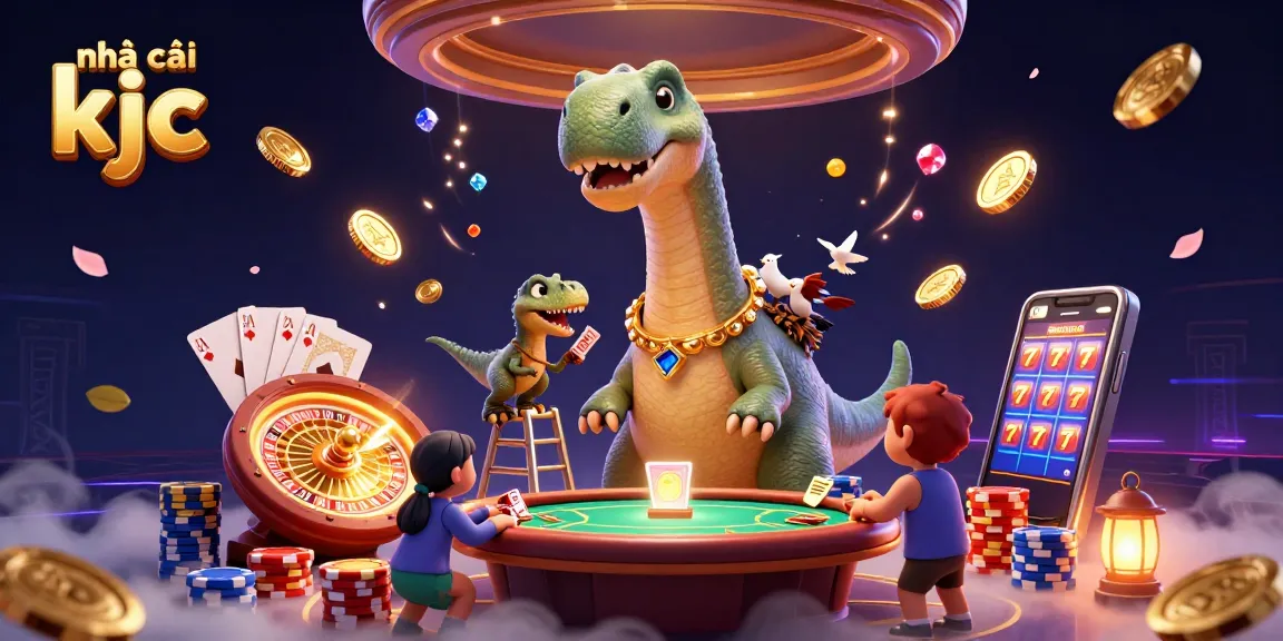 Engage with the excitement at nhà cái kjc featuring a giant brontosaurus overseeing a vibrant casino scene filled with games and treasures.