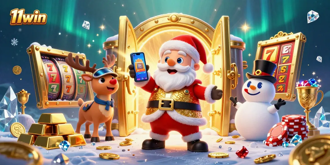 Spin the reels for jackpots at 11win with Santa and friends in this festive casino scene.
