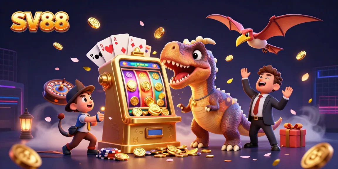 SV88 jackpot scene with cartoon dinosaurs and vibrant casino elements creating excitement