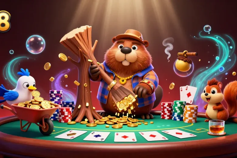 Experience the thrill of bk8 gambling with a cartoon beaver at a poker table surrounded by gold coins.
