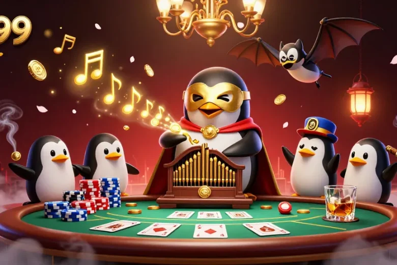 ev99 casino scene with a vibrant penguin organist, poker table, and golden accents