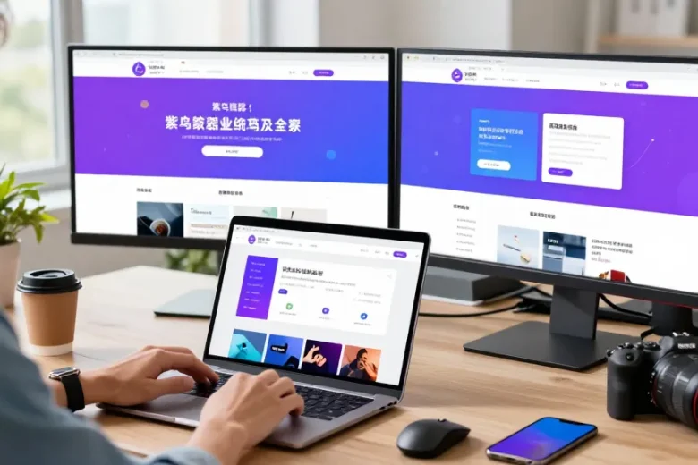 用户在时尚办公室中使用紫鸟浏览器浏览网页场景，体现高效和隐私保护。