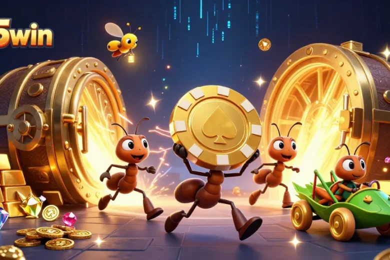 Experience thrilling adventures at 555win as ants steal a giant poker chip in this vibrant scene.