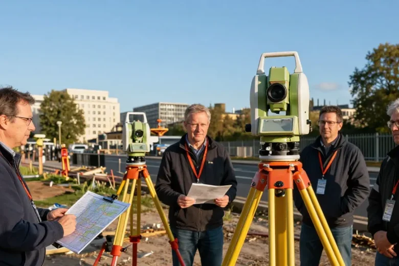 Topographical surveys london & Surrey using advanced equipment in an urban construction site for precision and accuracy.
