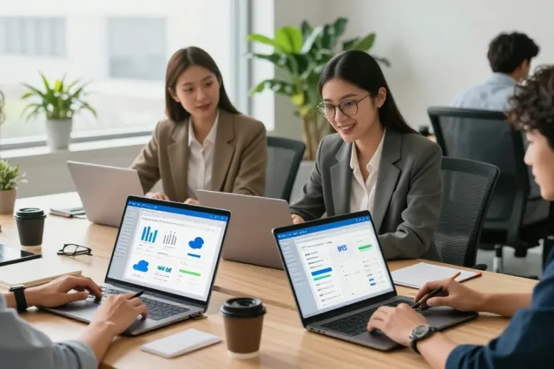 团队在现代办公空间中使用WPS Office软件进行高效协作，展示文档与分析