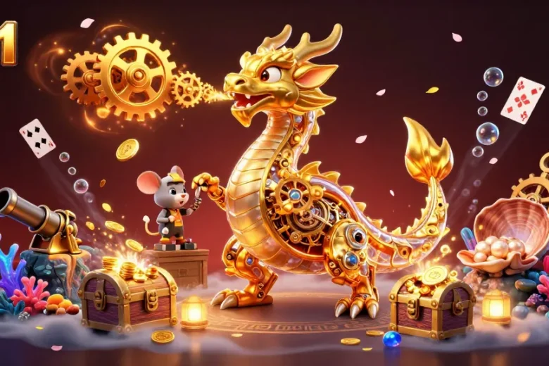 U31 offers thrilling adventures in an exciting casino world, showcasing a golden dragon amidst treasures and vibrant game elements.
