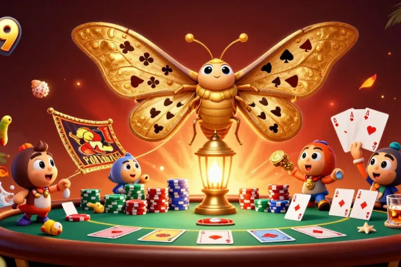 Experience thrilling games at ok9 with a vibrant casino scene featuring golden moths and poker elements.