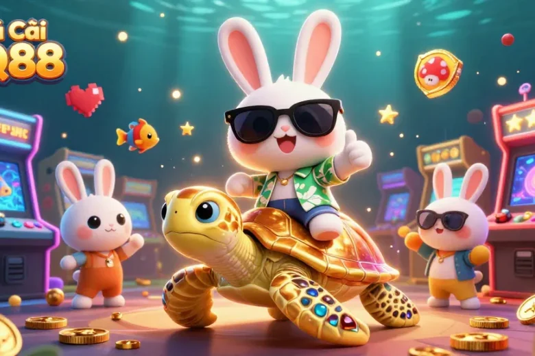 Engage in thrilling gaming with Nhà Cái QQ88's vibrant 3D casino scene featuring a lucky rabbit and golden turtle.
